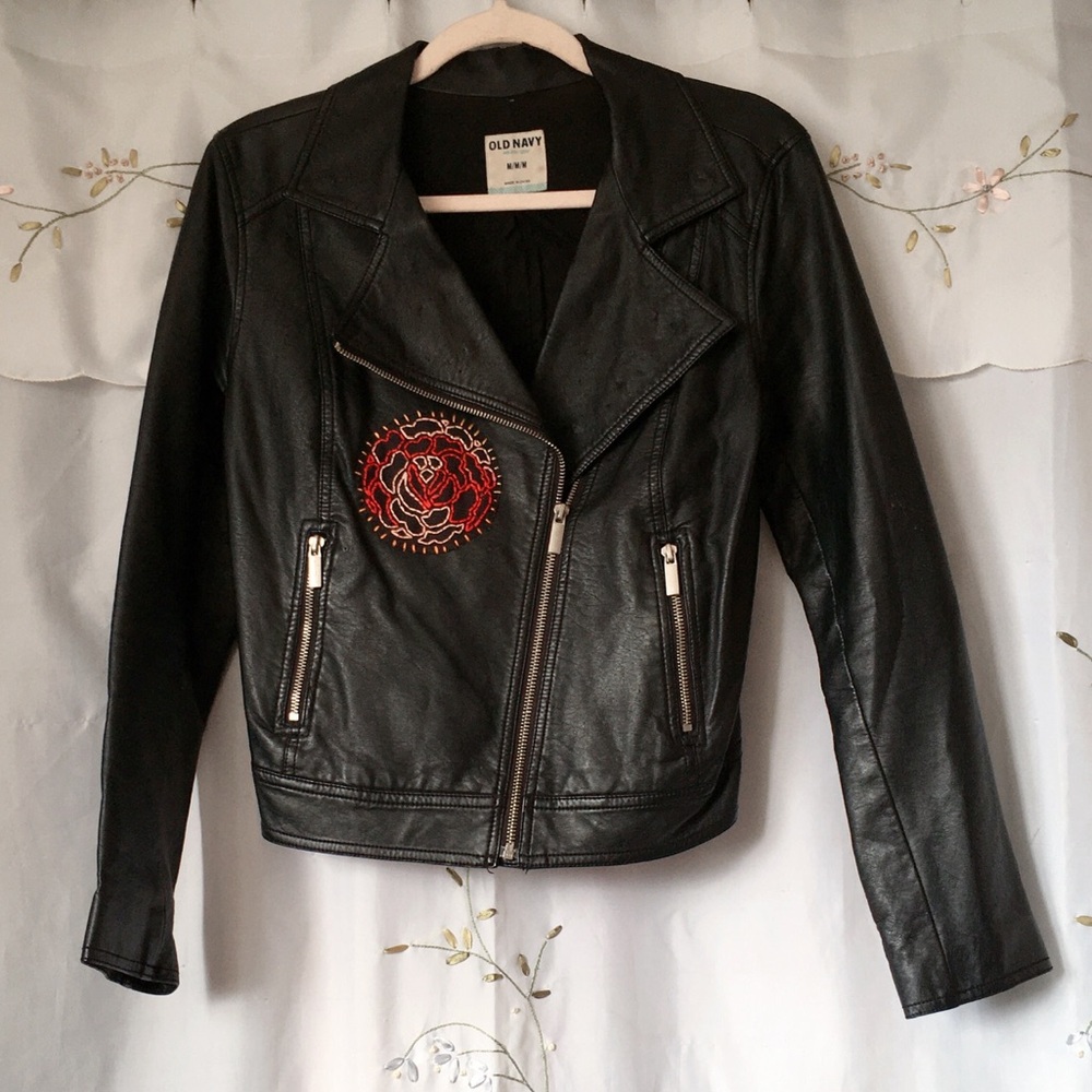 Custom Deadstock Faux Leather Jacket w/Handmade & Hand Sewn Patches Sz M/L
